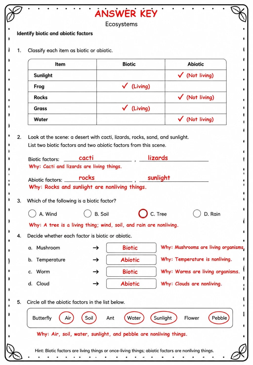 Answer key for Identify biotic and abiotic factors — free printable Science worksheet