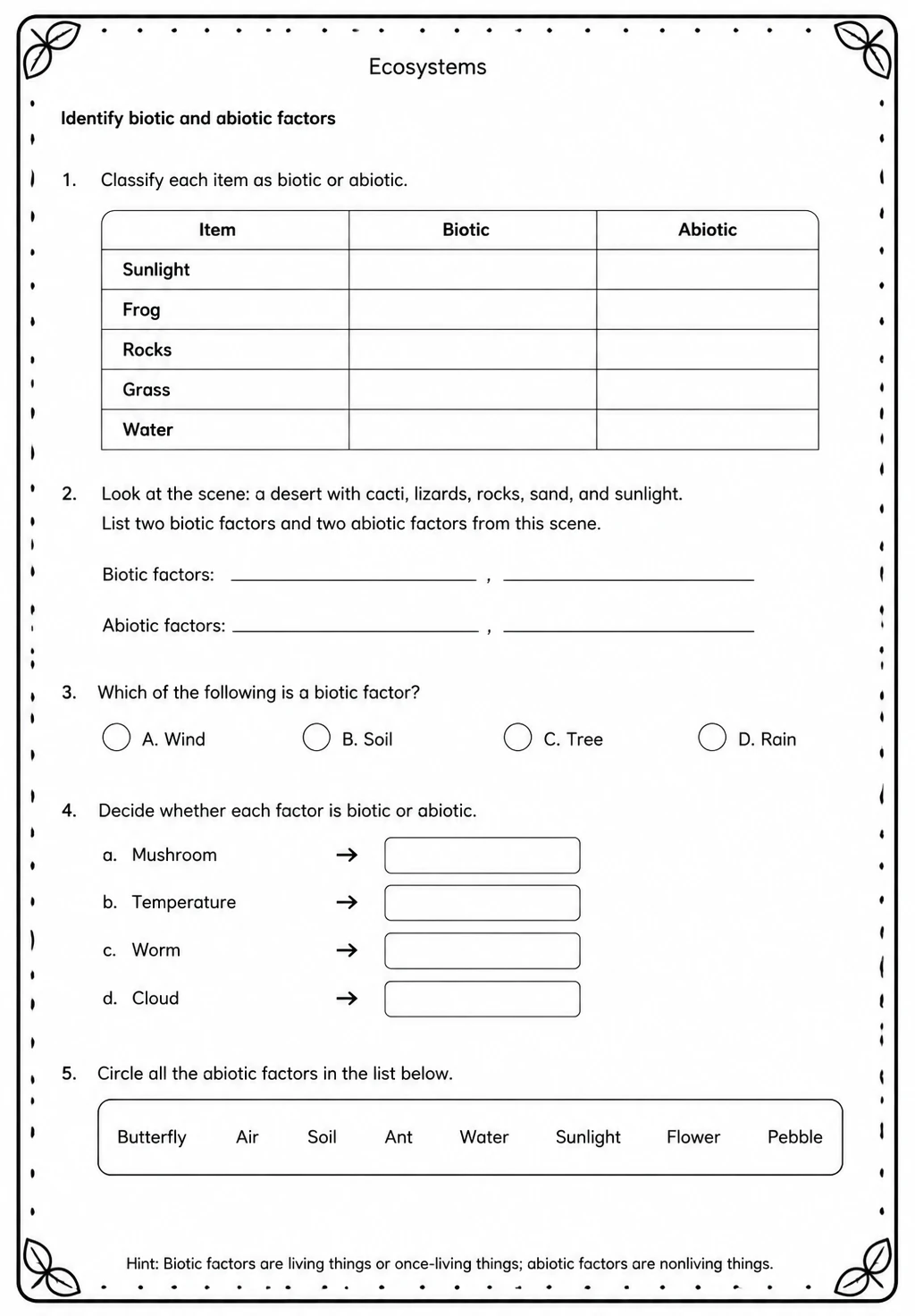 Identify biotic and abiotic factors — free printable Middle School Science worksheet