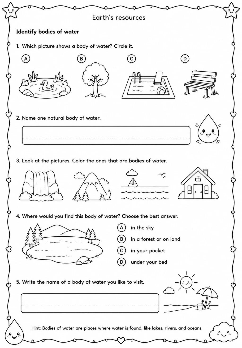 Identify bodies of water — free printable Grade 1 Science worksheet