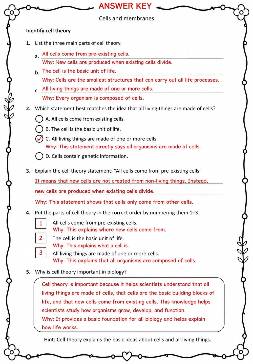 Answer key for Identify cell theory — free printable Science worksheet