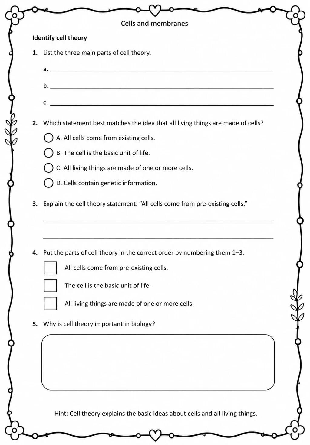 Identify cell theory — free printable High School Science worksheet