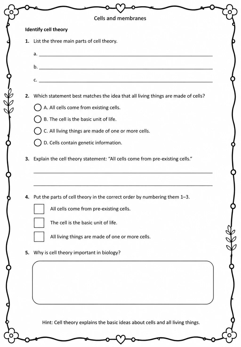 Identify cell theory — free printable High School Science worksheet