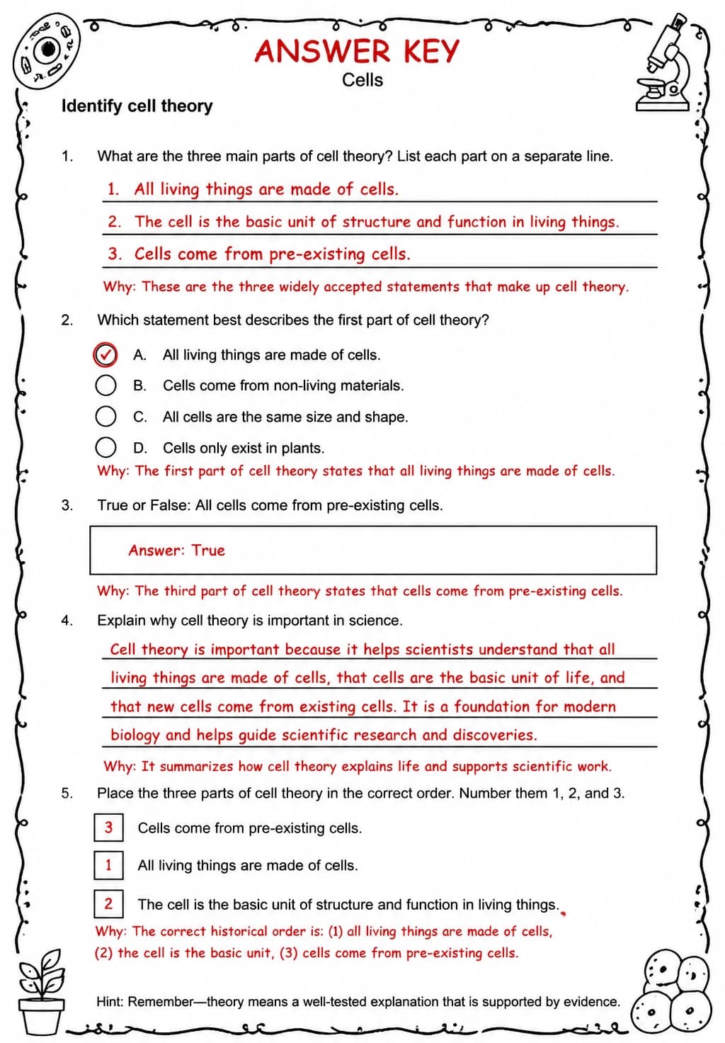 Answer key for Identify cell theory — free printable Science worksheet