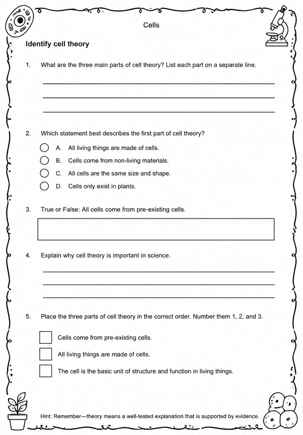 Identify cell theory — free printable Middle School Science worksheet