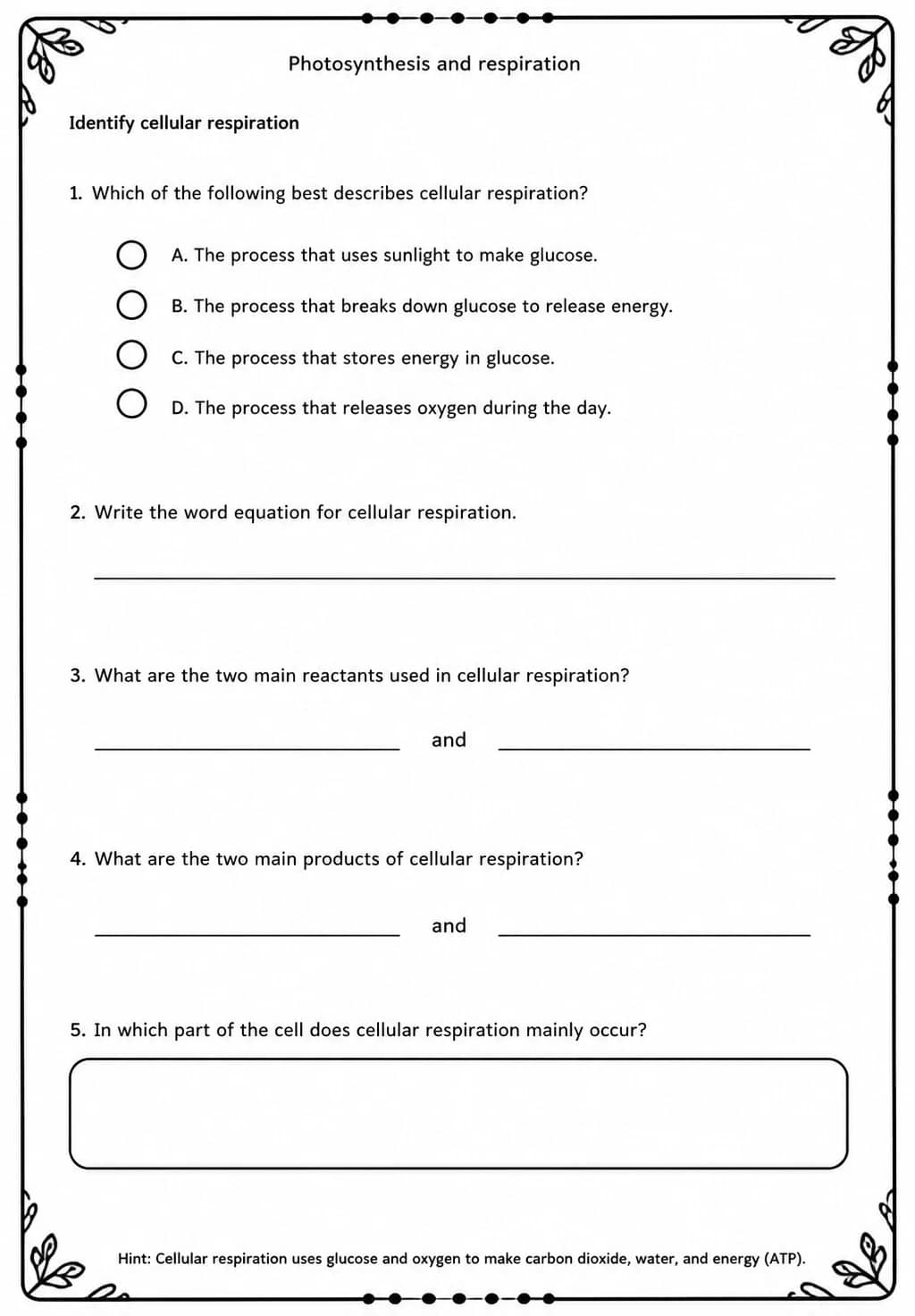 Identify cellular respiration — free printable High School Science worksheet