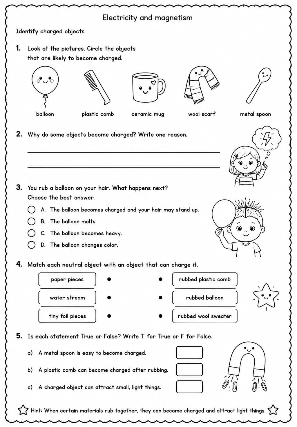 Identify charged objects — free printable Grade 3 Science worksheet
