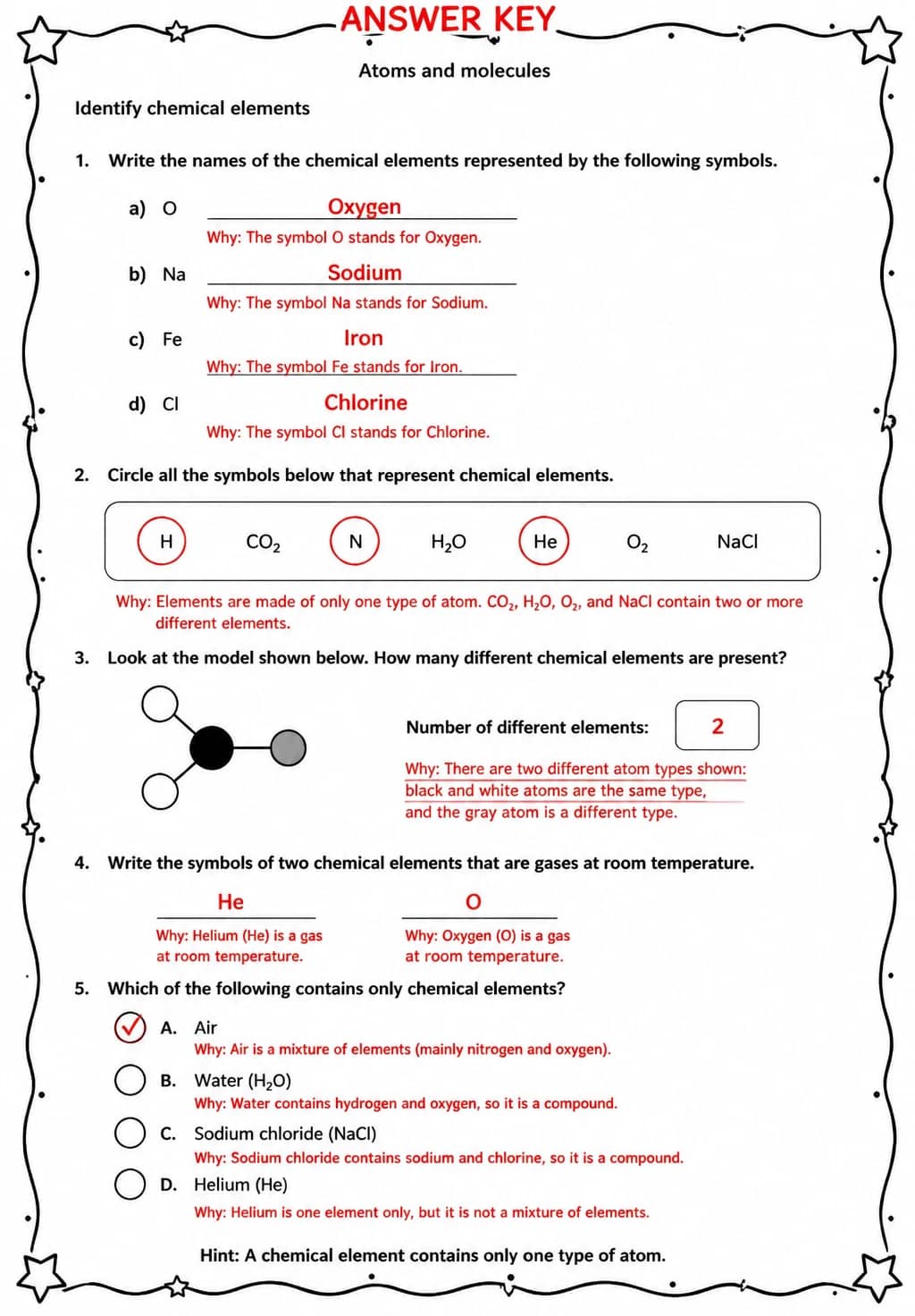 Answer key for Identify chemical elements — free printable Science worksheet
