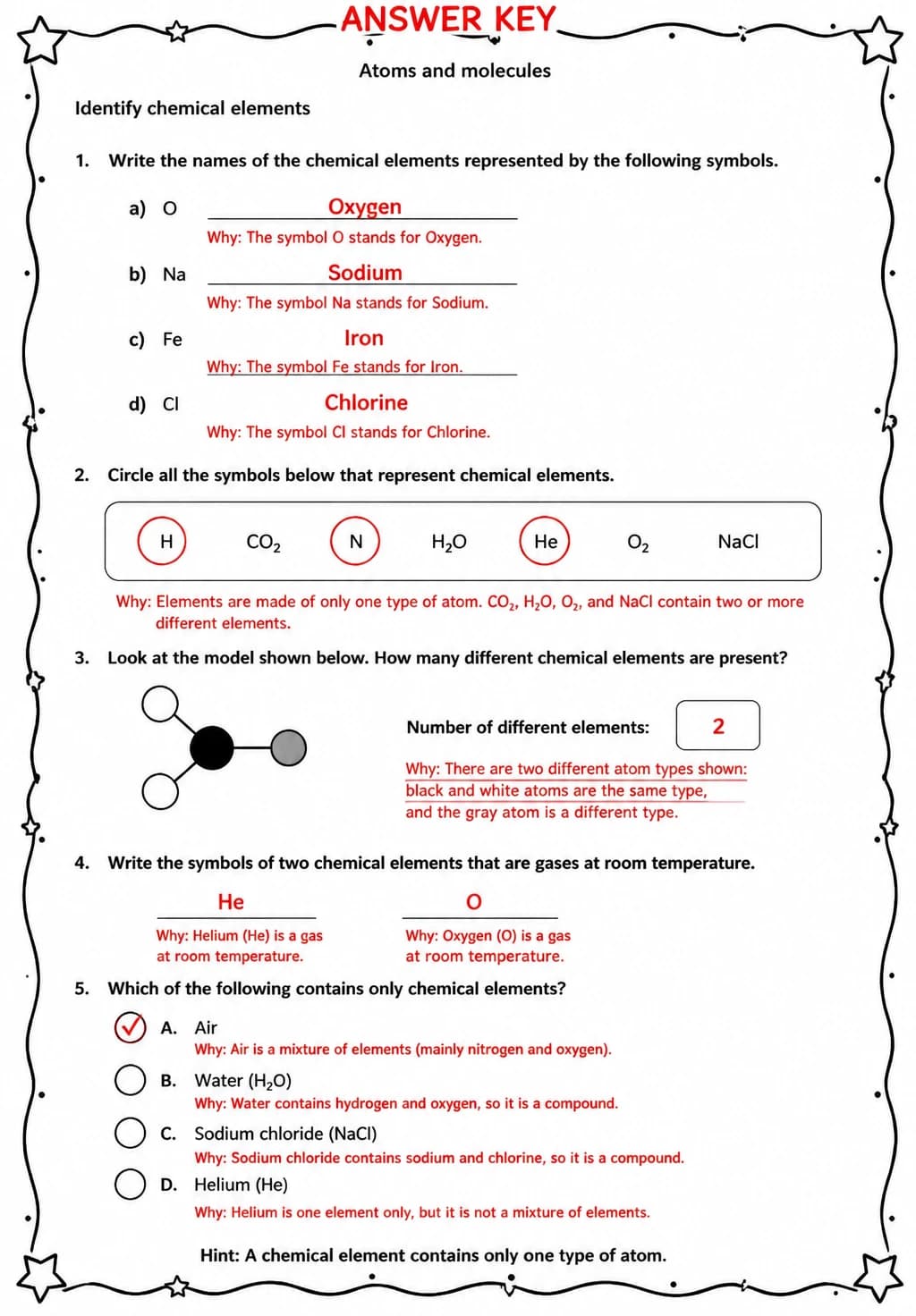 Answer key for Identify chemical elements — free printable Science worksheet