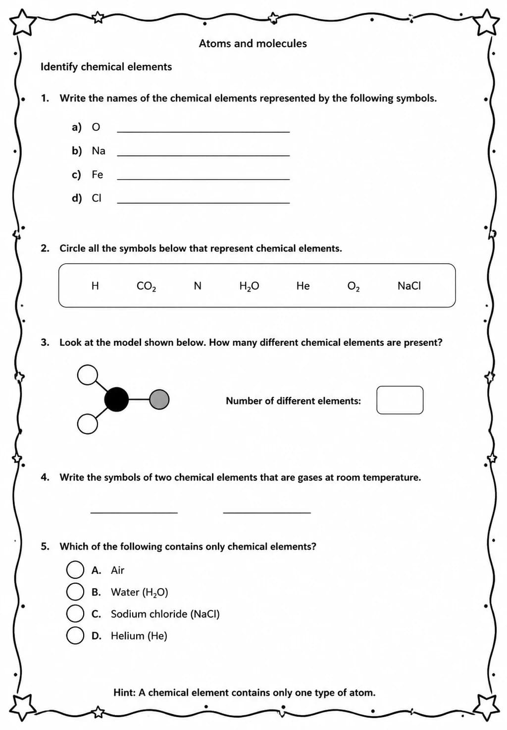 Identify chemical elements — free printable Middle School Science worksheet