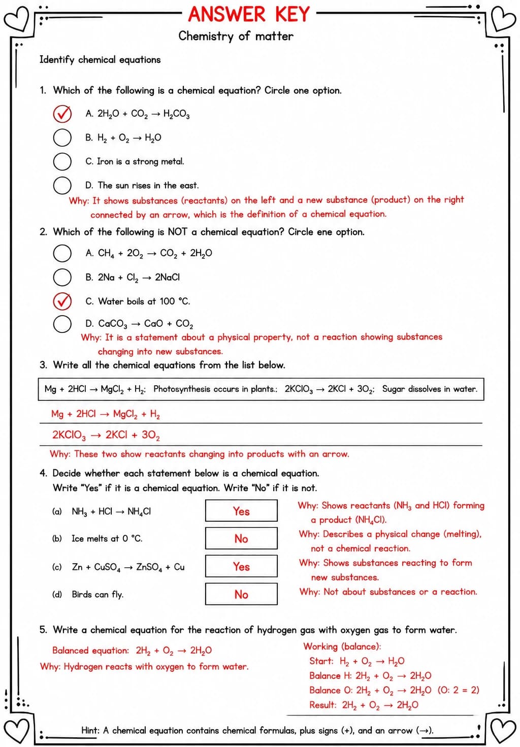 Answer key for Identify chemical equations — free printable Science worksheet