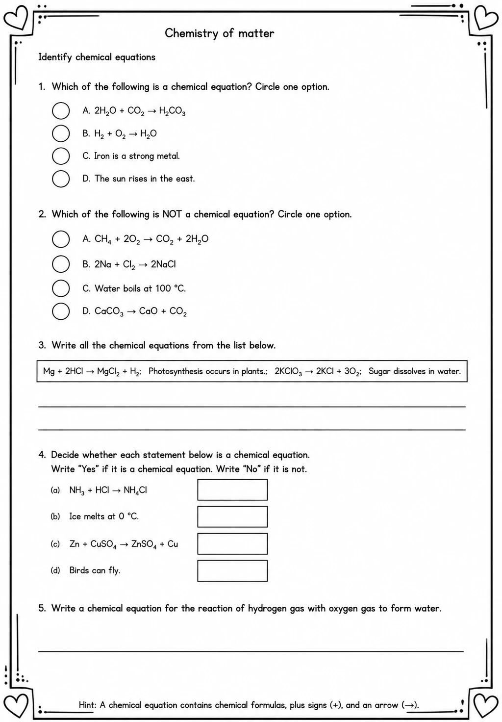 Identify chemical equations — free printable Middle School Science worksheet