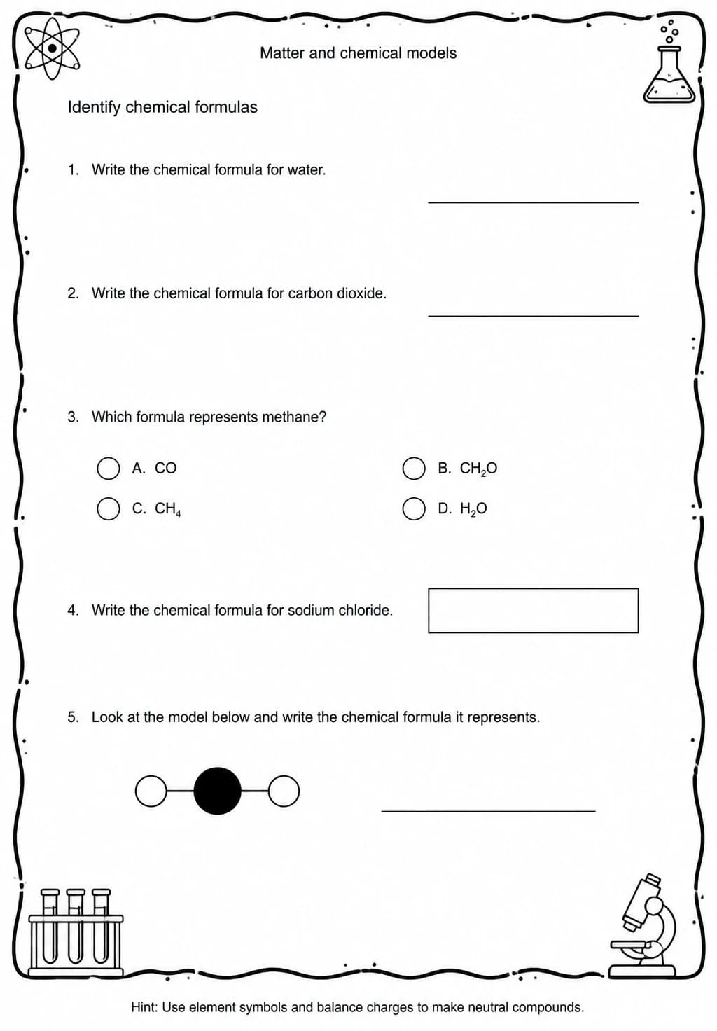 Identify chemical formulas — free printable Grade 5 Science worksheet
