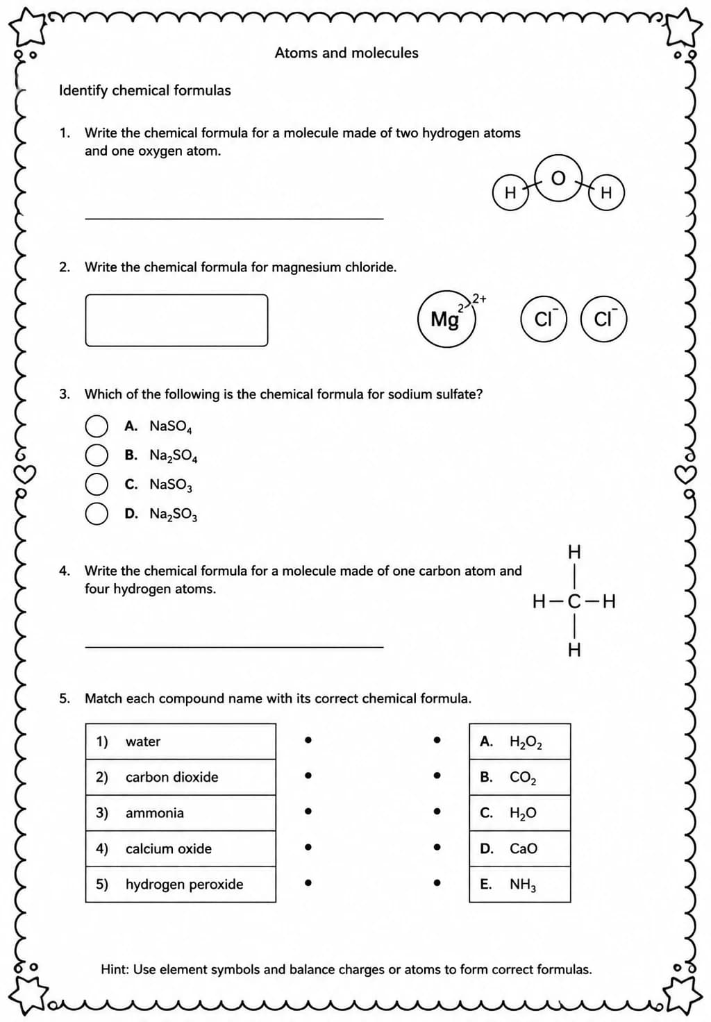 Identify chemical formulas — free printable Middle School Science worksheet
