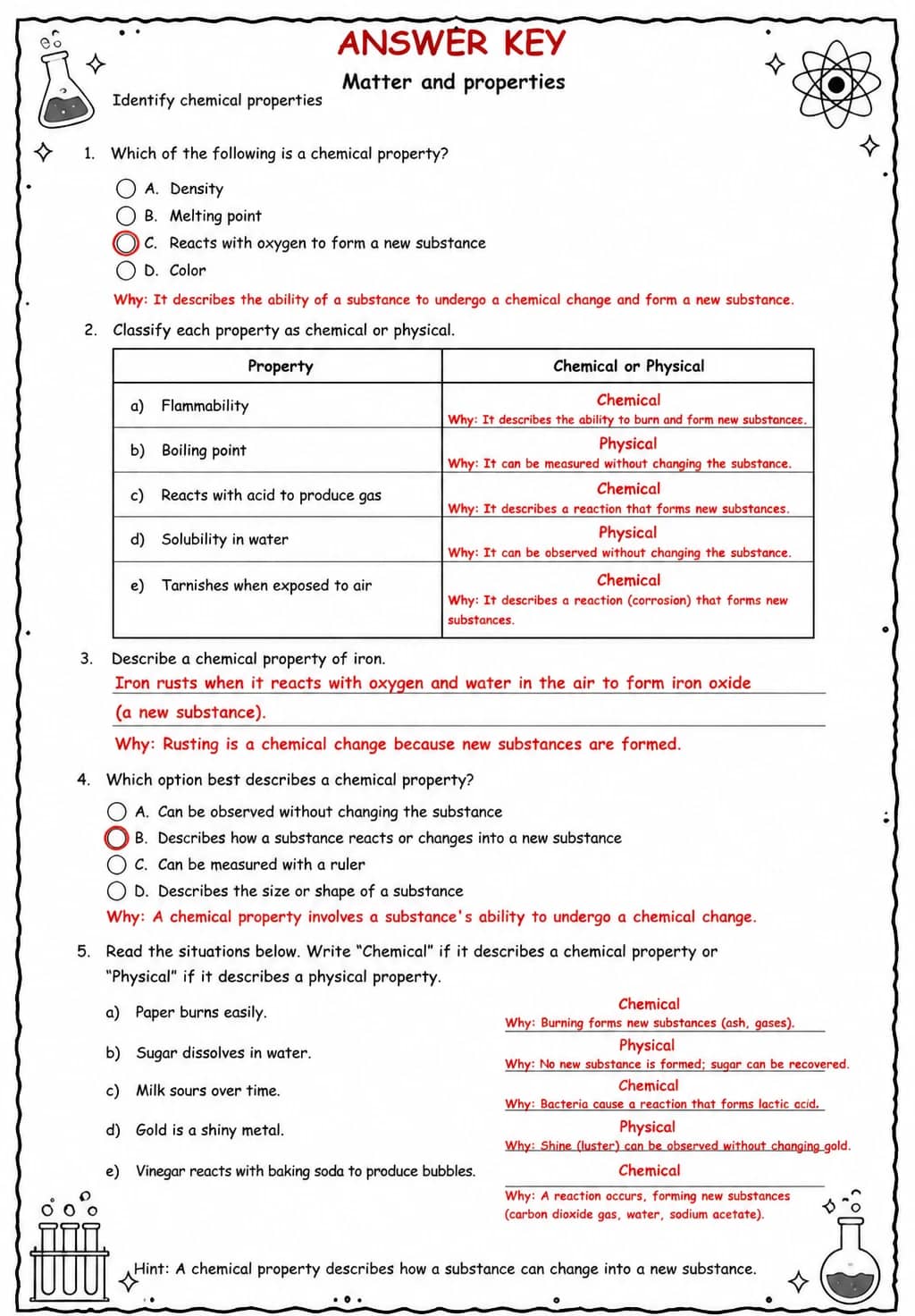 Answer key for Identify chemical properties — free printable Science worksheet