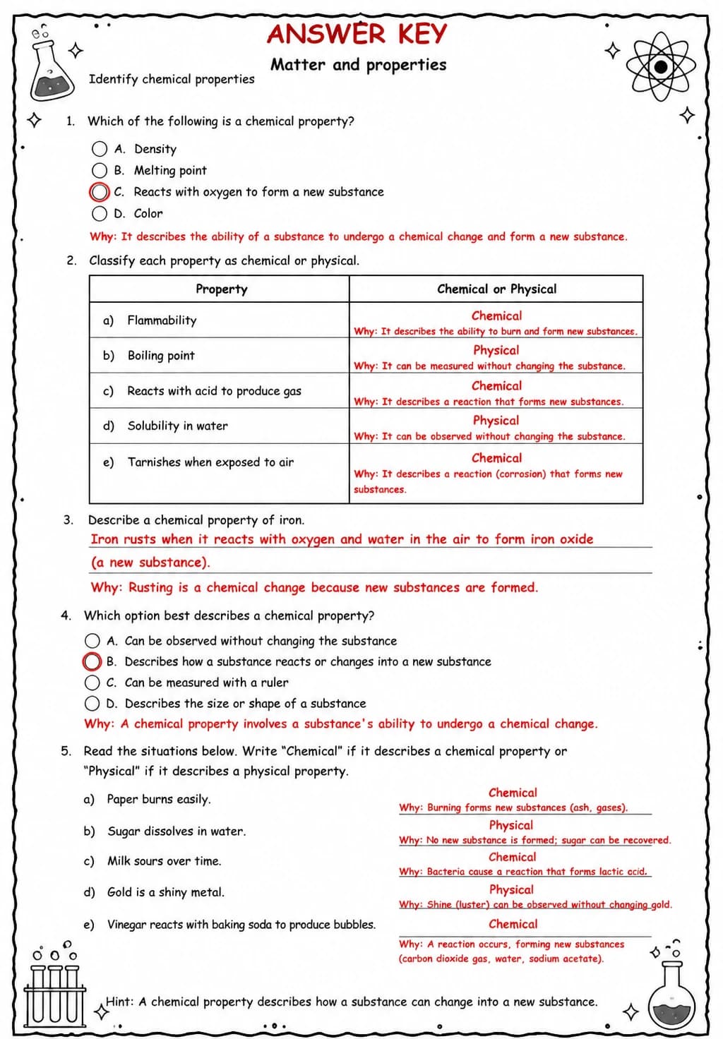 Answer key for Identify chemical properties — free printable Science worksheet