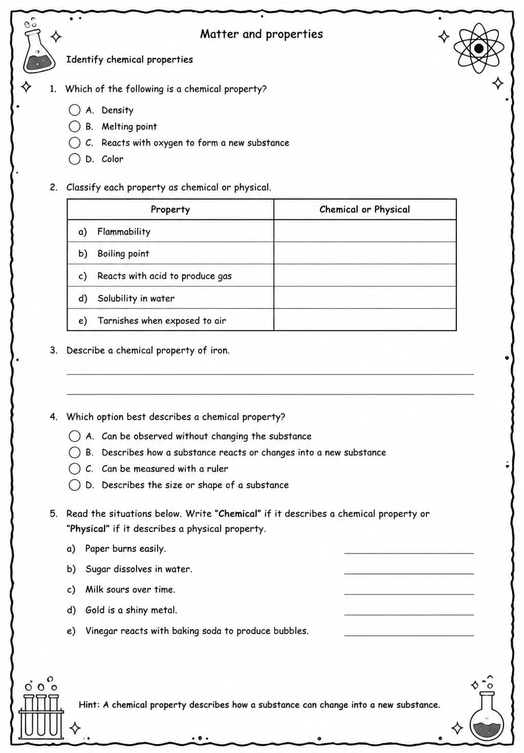 Identify chemical properties — free printable High School Science worksheet