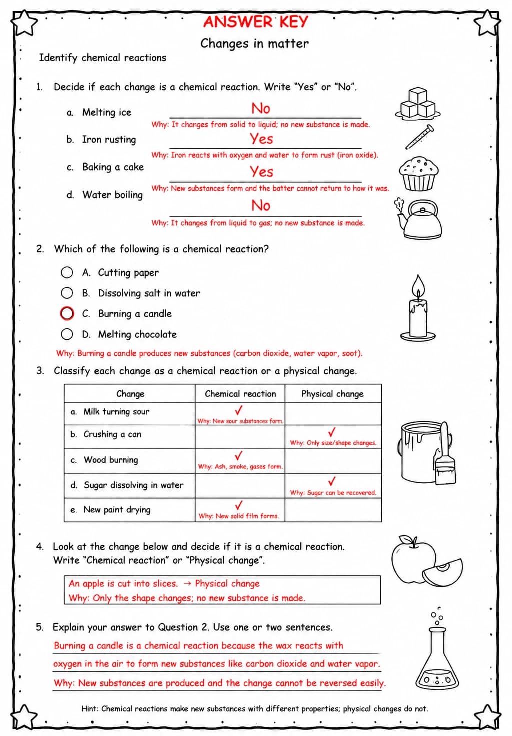 Answer key for Identify chemical reactions — free printable Science worksheet