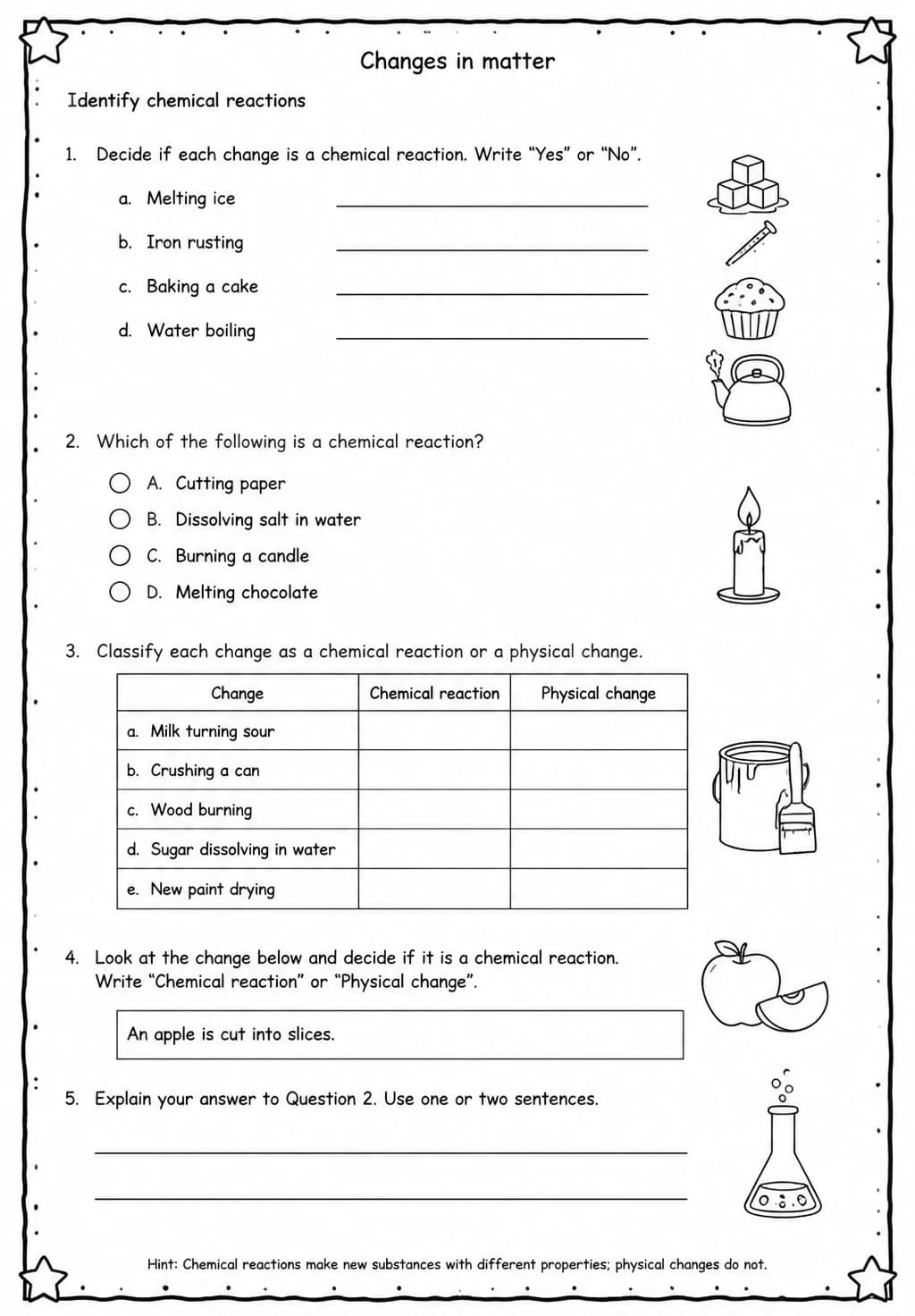 Identify chemical reactions — free printable Grade 5 Science worksheet