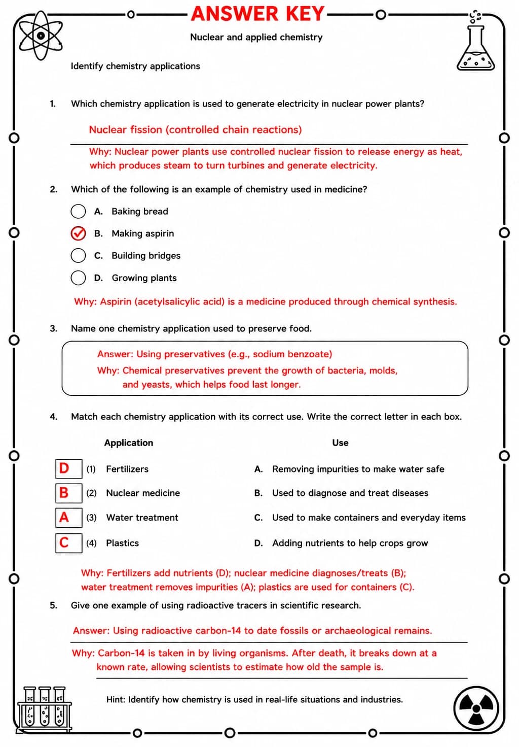 Answer key for Identify chemistry applications — free printable Science worksheet
