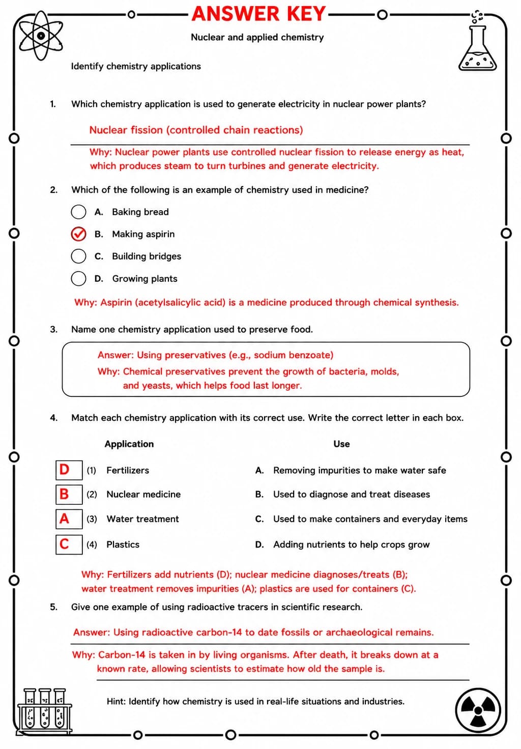 Answer key for Identify chemistry applications — free printable Science worksheet