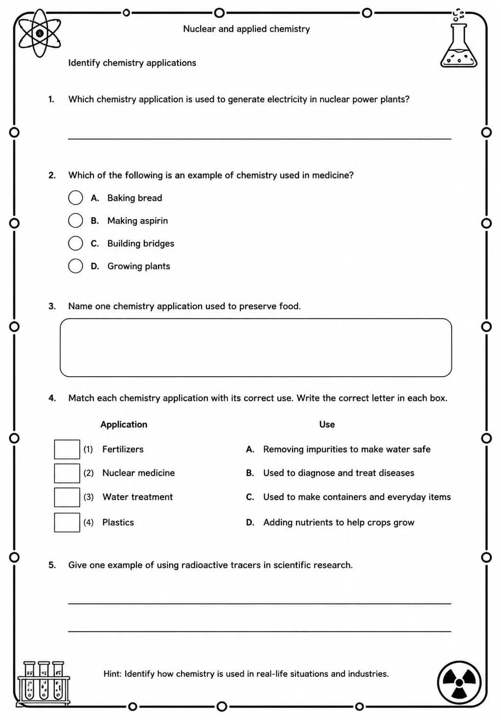 Identify chemistry applications — free printable High School Science worksheet