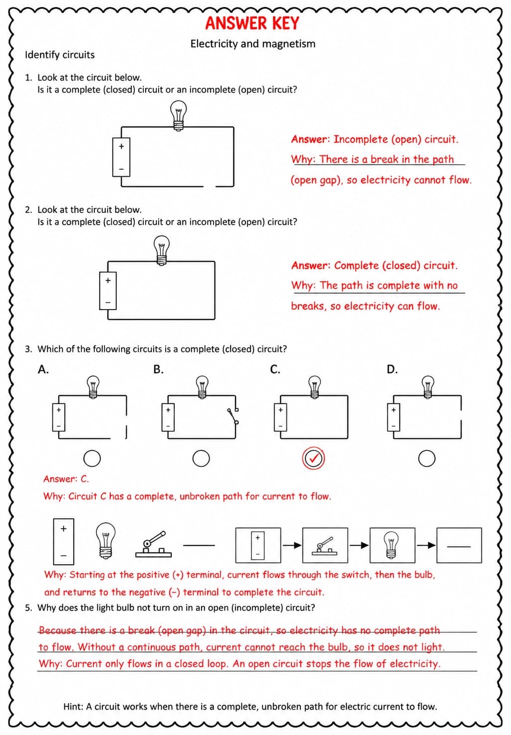 Answer key for Identify circuits — free printable Science worksheet