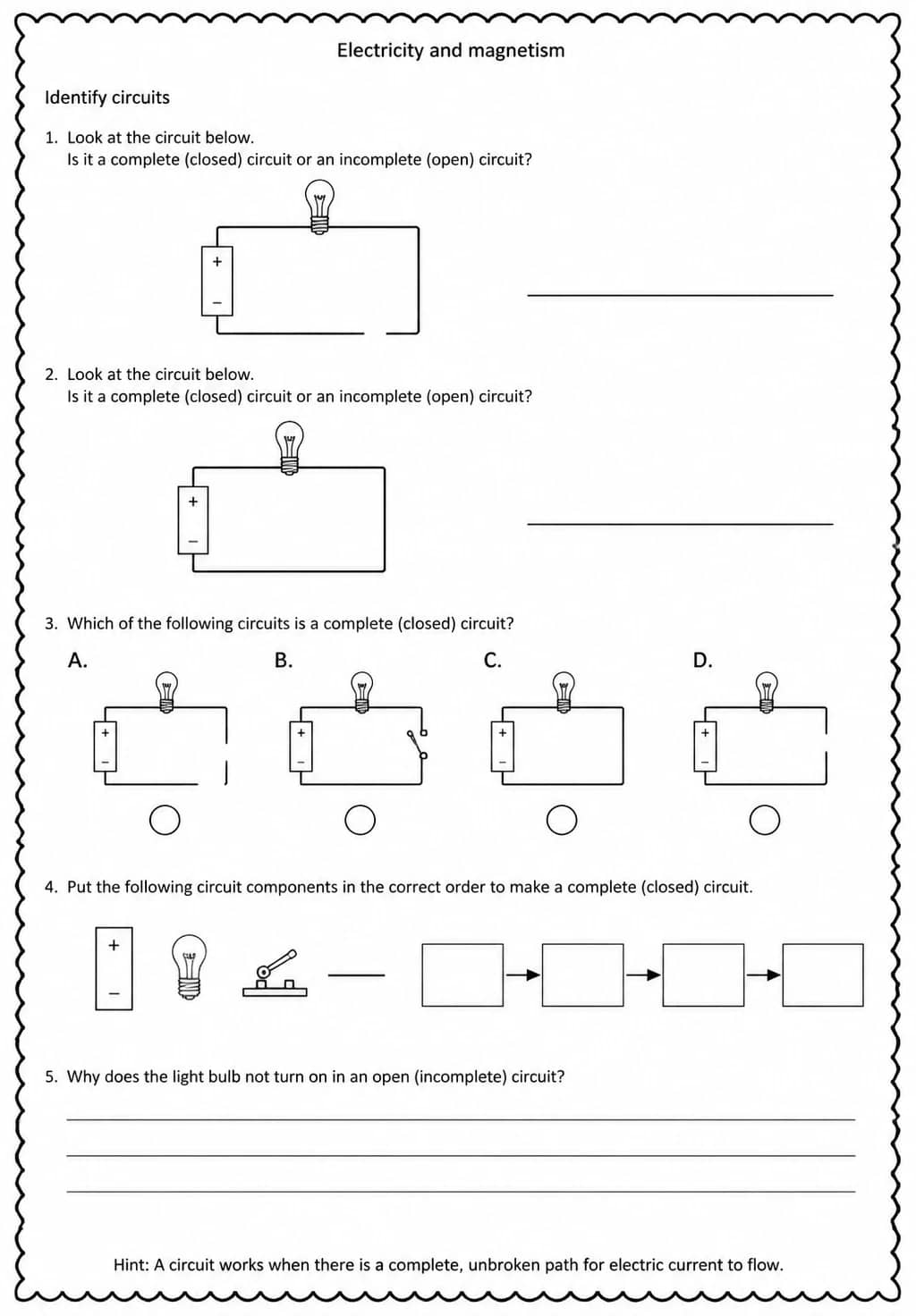 Identify circuits — free printable Middle School Science worksheet