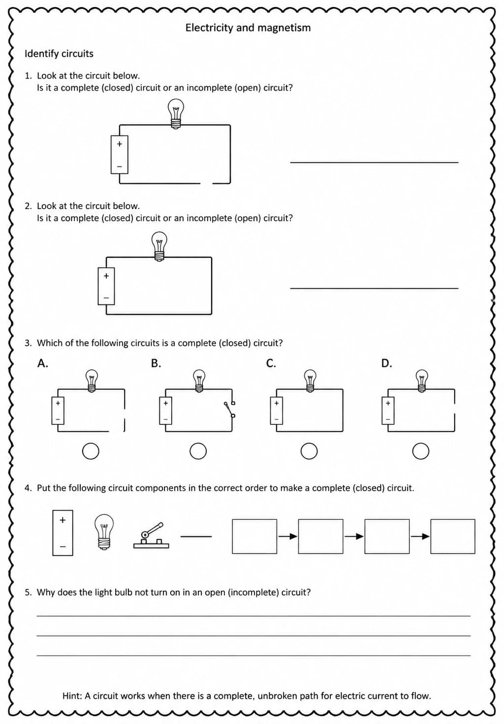 Identify circuits — free printable Middle School Science worksheet
