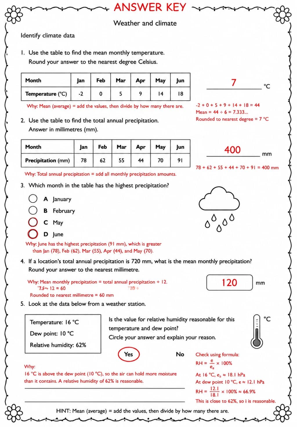 Answer key for Identify climate data — free printable Science worksheet