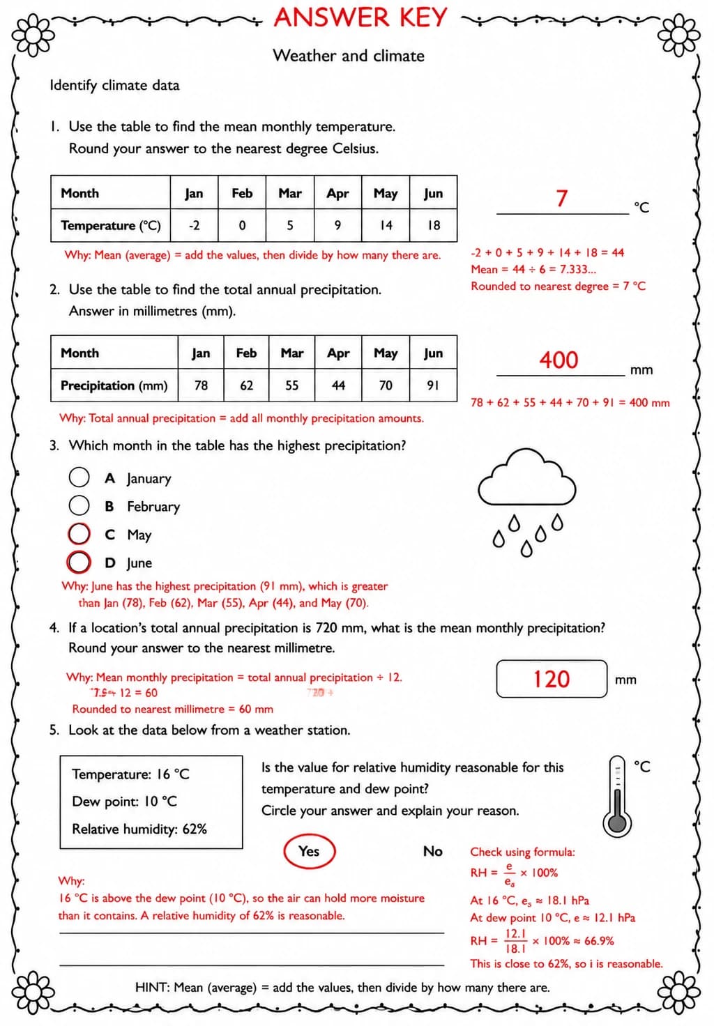 Answer key for Identify climate data — free printable Science worksheet
