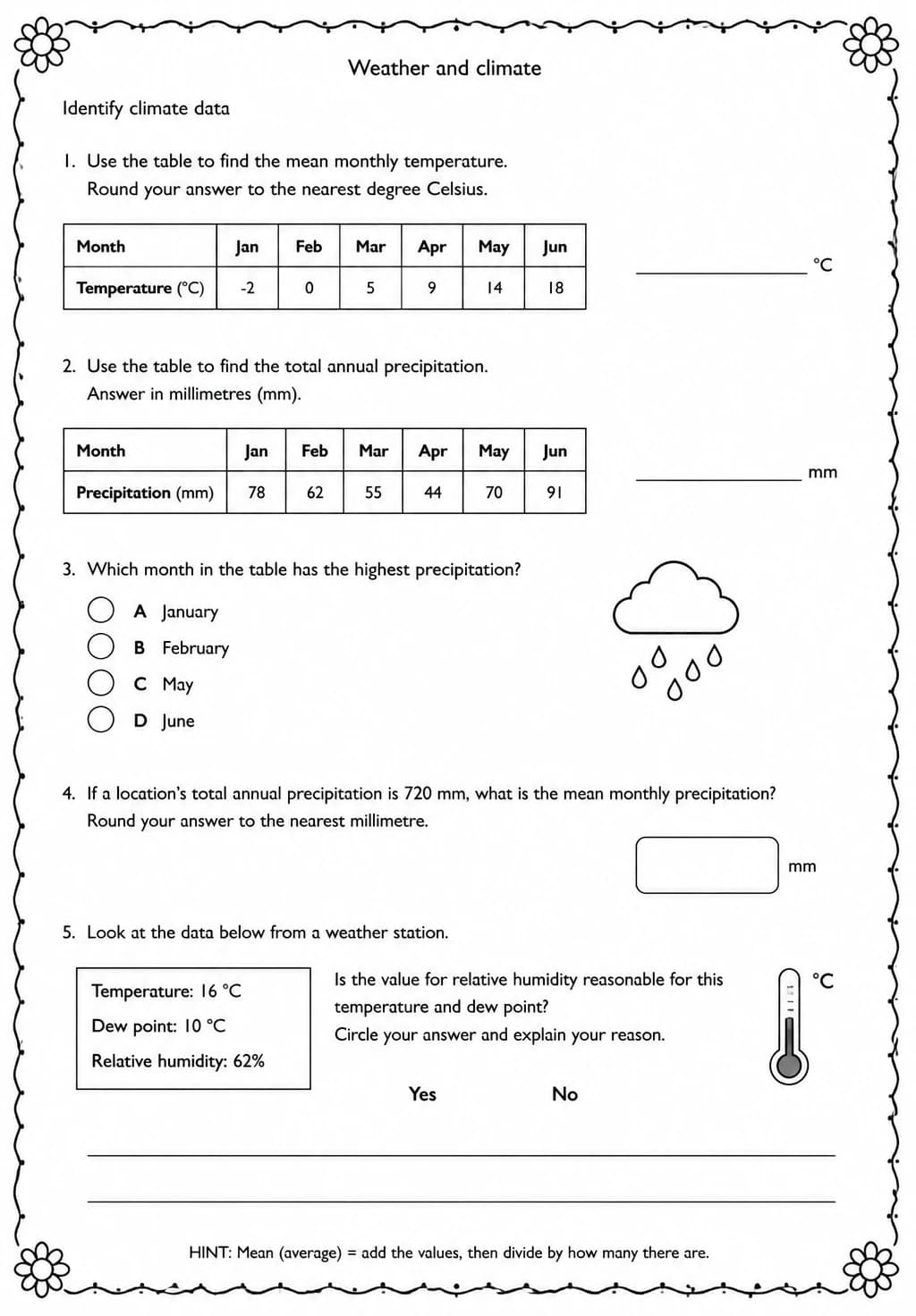 Identify climate data — free printable Middle School Science worksheet