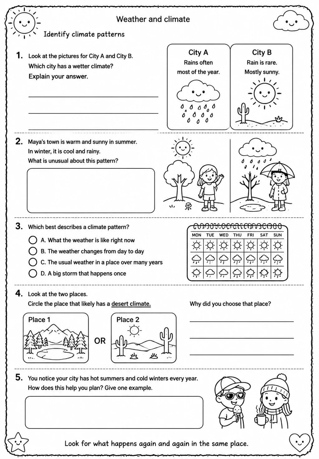 Identify climate patterns — free printable Grade 3 Science worksheet