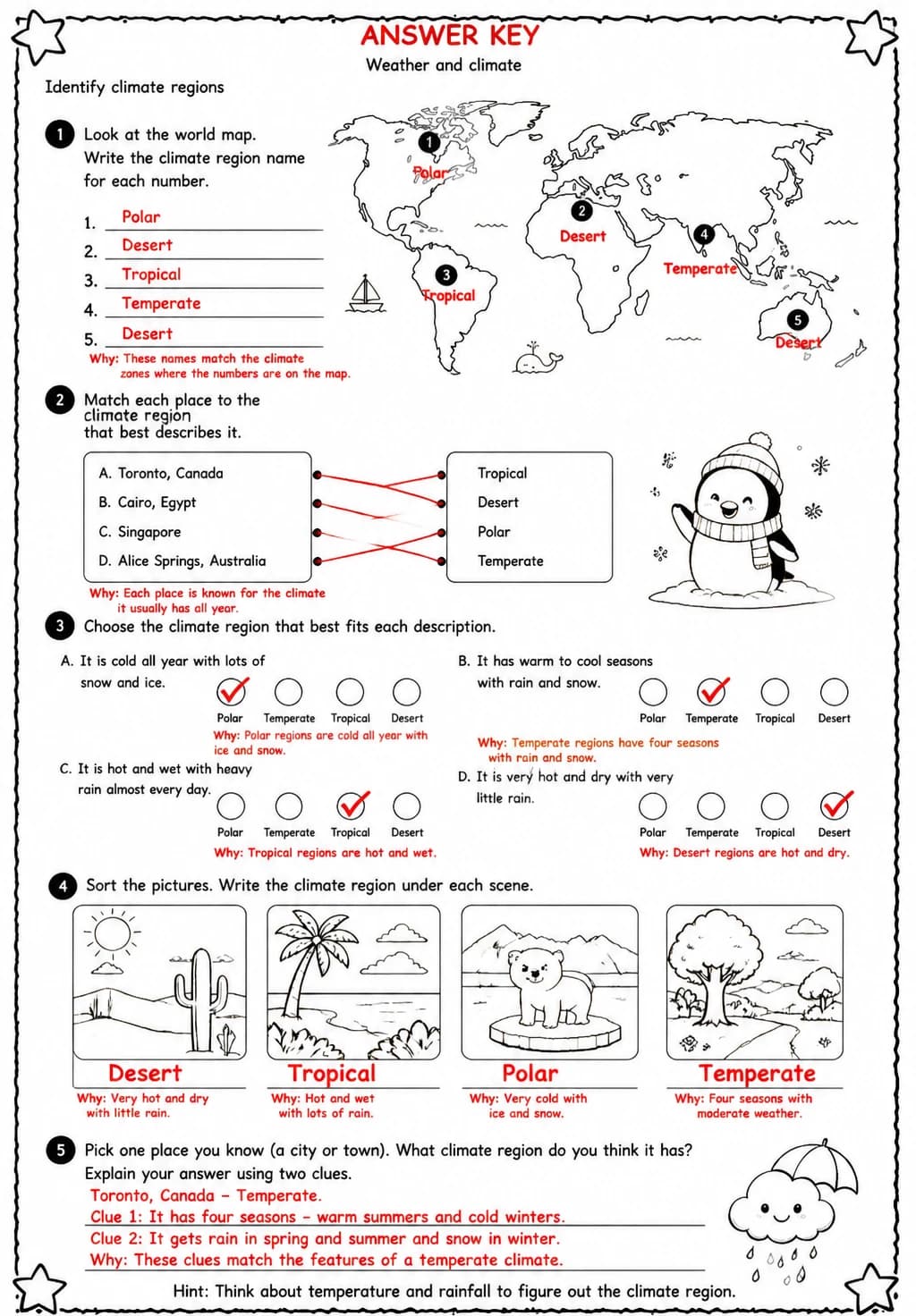 Answer key for Identify climate regions — free printable Science worksheet