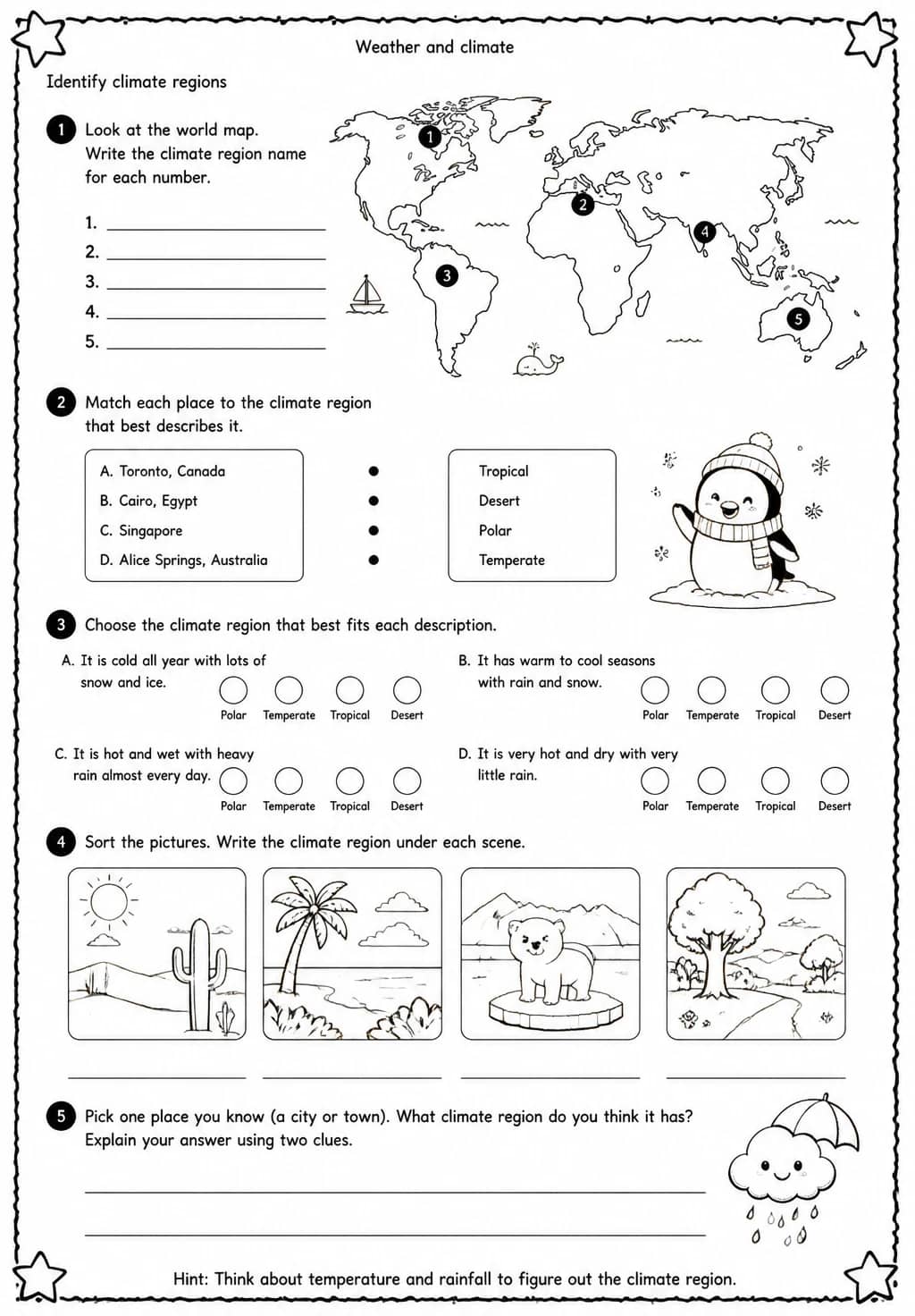 Identify climate regions — free printable Grade 4 Science worksheet