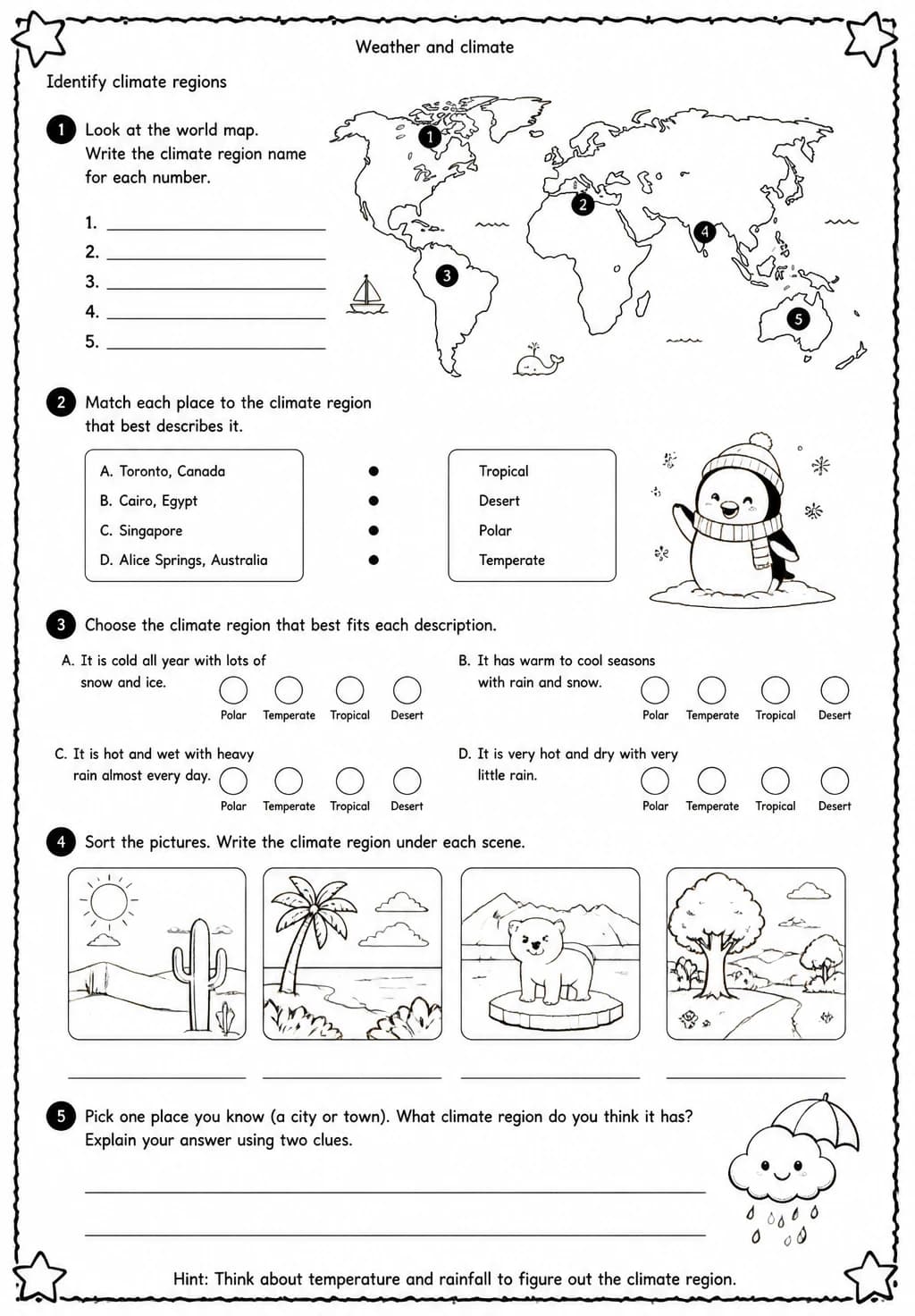 Identify climate regions — free printable Grade 4 Science worksheet