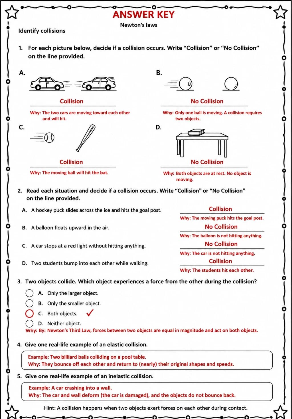 Answer key for Identify collisions — free printable Science worksheet
