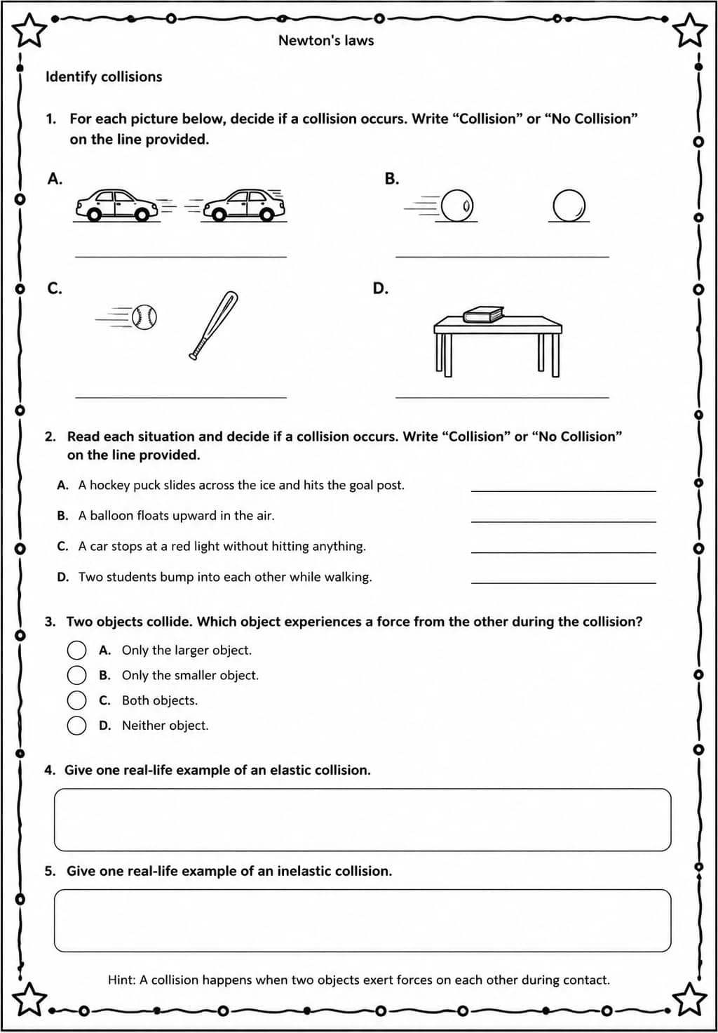 Identify collisions — free printable Middle School Science worksheet