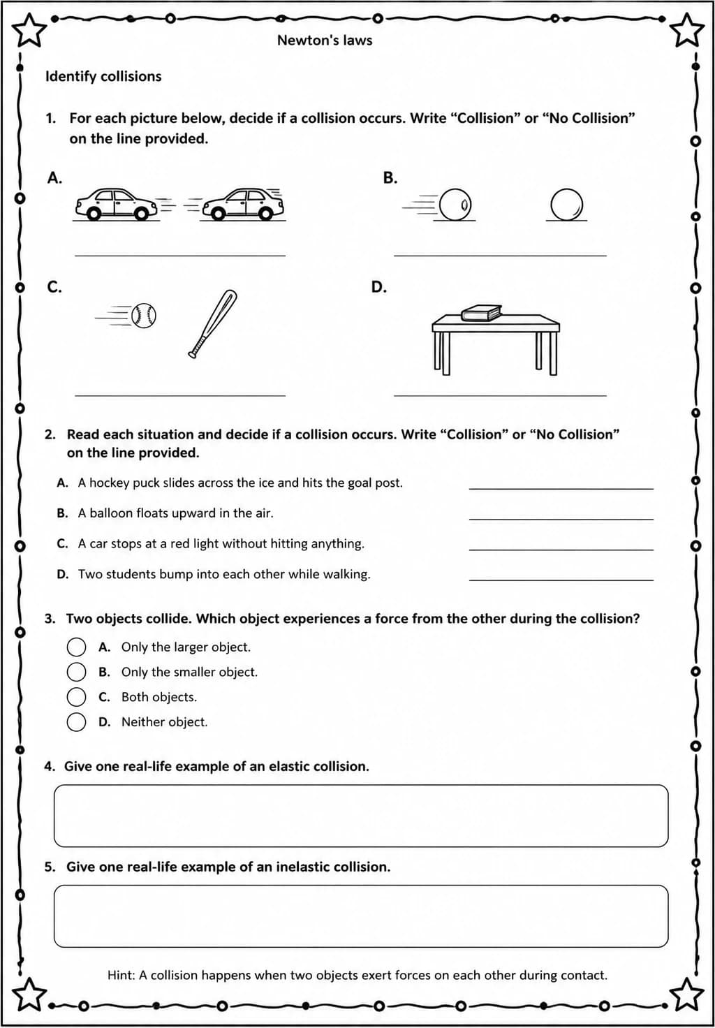 Identify collisions — free printable Middle School Science worksheet