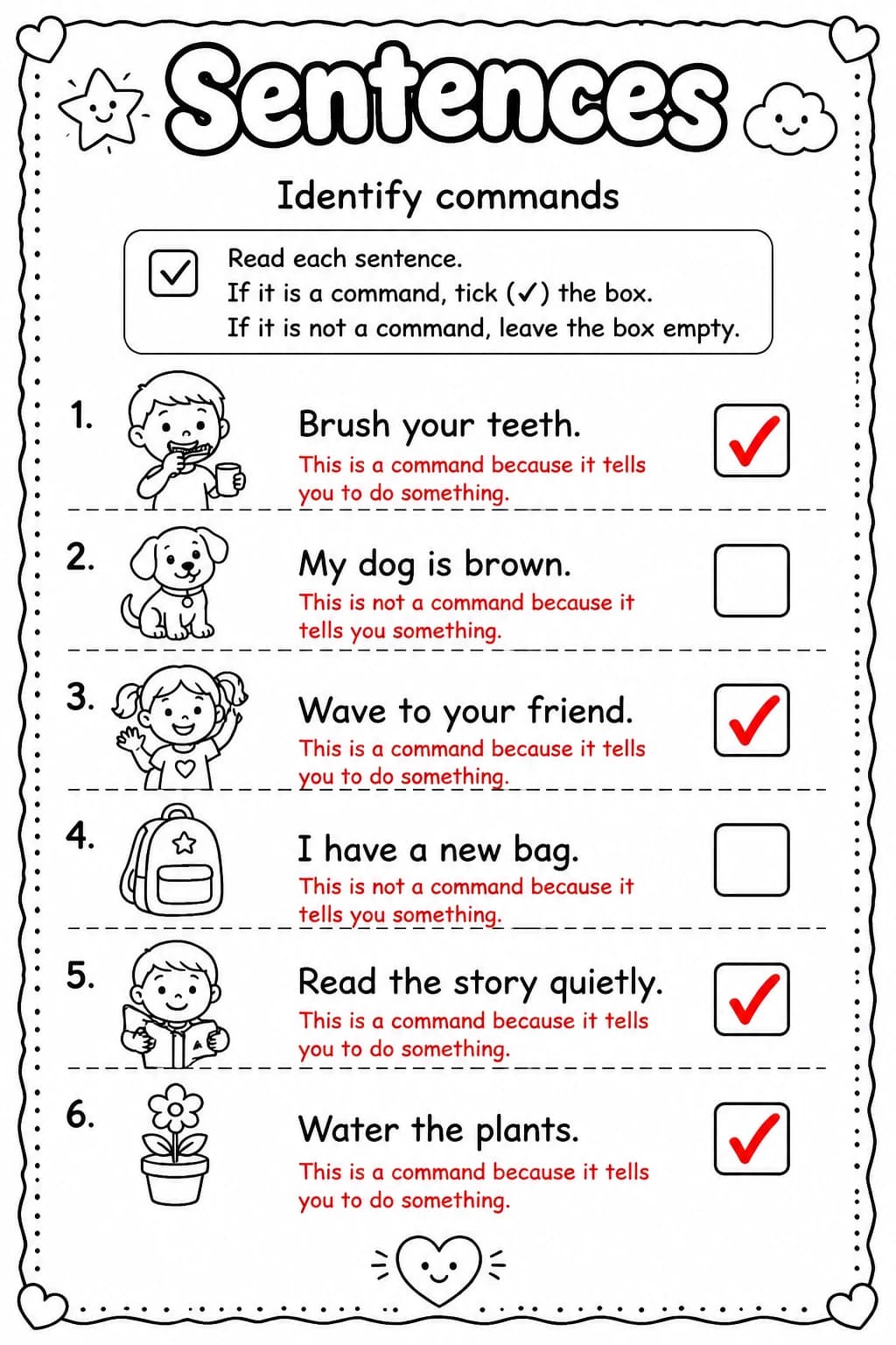 Answer key for Identify commands — free printable English & Reading worksheet