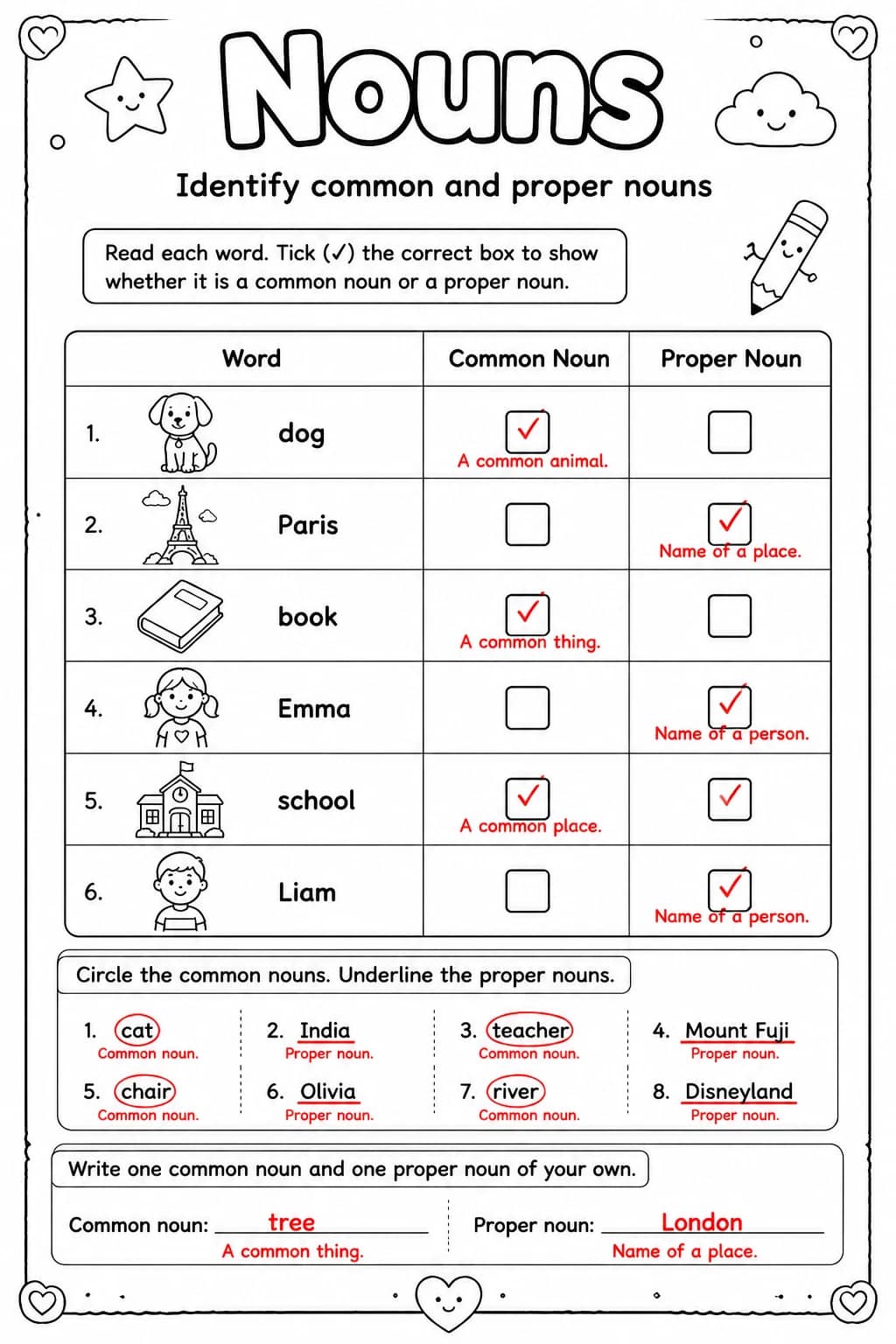 Answer key for Identify common and proper nouns — free printable English & Reading worksheet