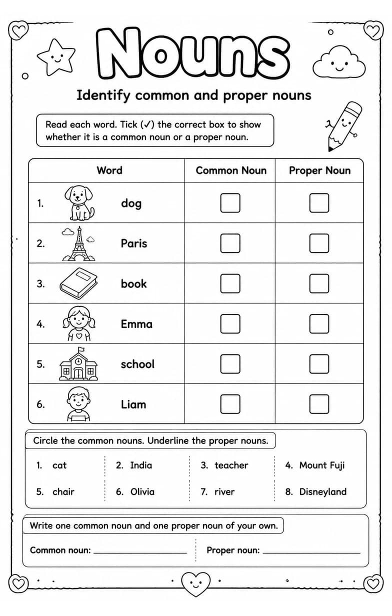 Identify common and proper nouns — free printable Grammar and mechanics English worksheet