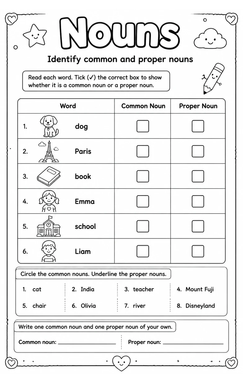 Identify common and proper nouns — free printable Grade 2 English & Reading worksheet