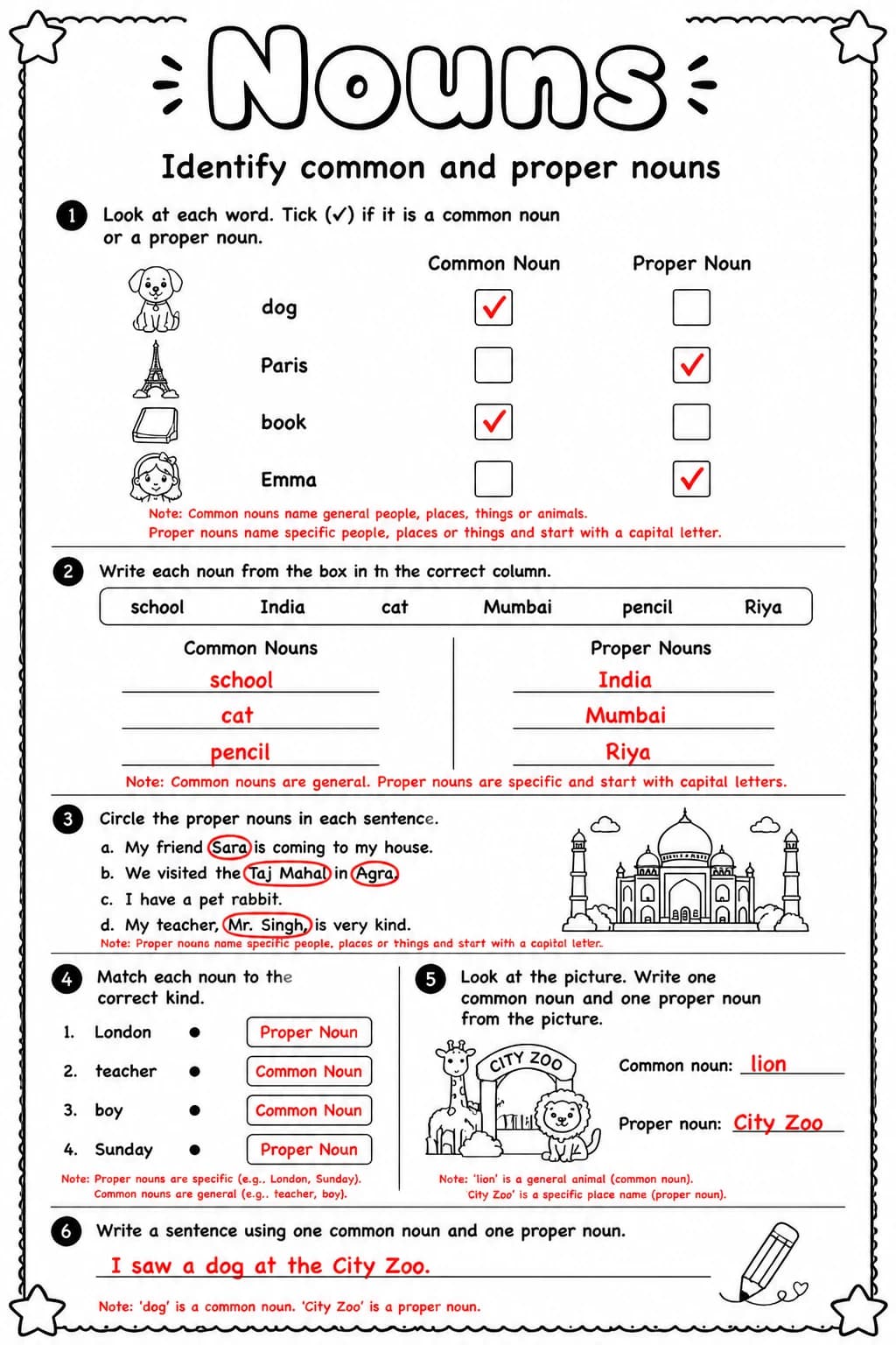 Answer key for Identify common and proper nouns — free printable English & Reading worksheet