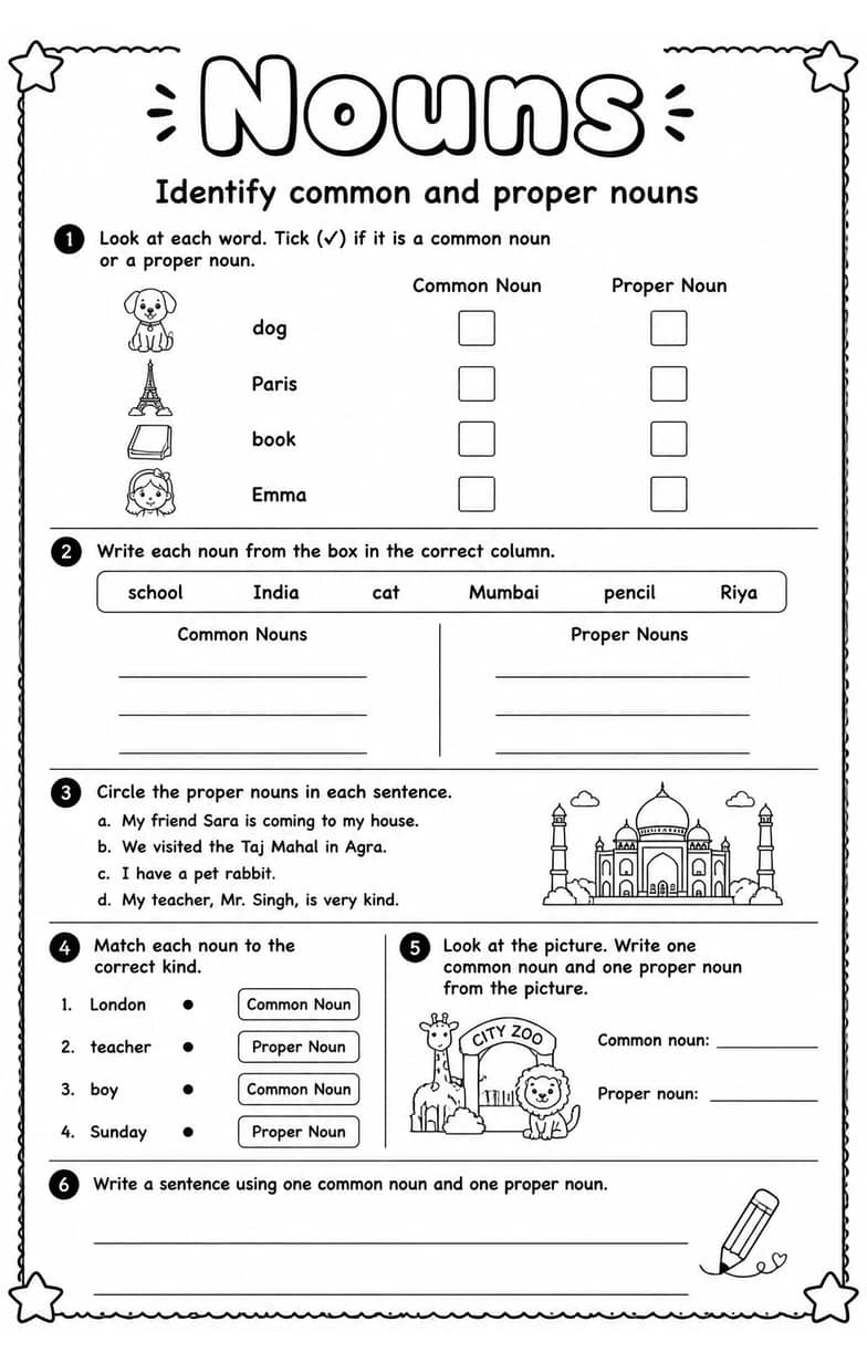 Identify common and proper nouns — free printable Grammar and mechanics English worksheet