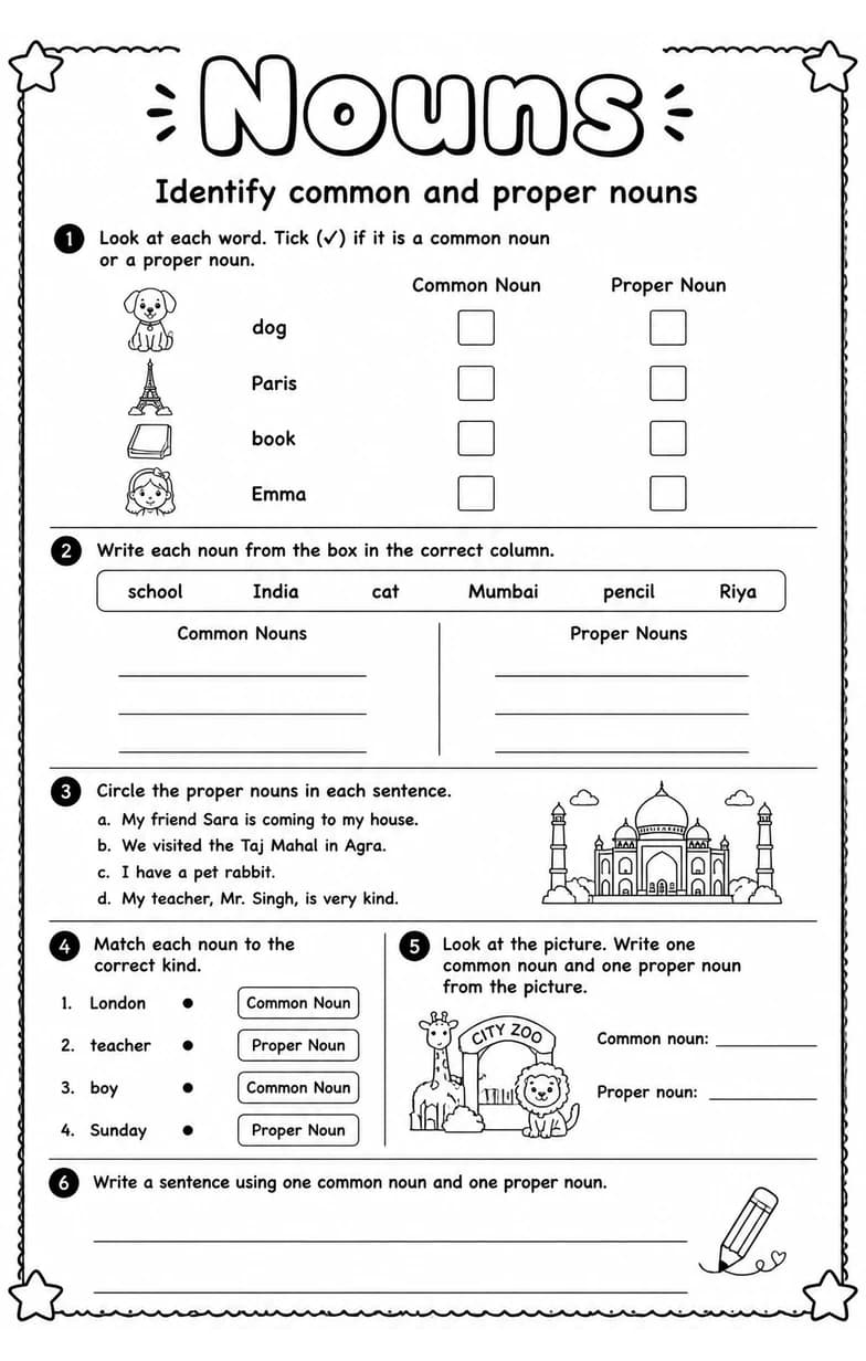 Identify common and proper nouns — free printable Grade 3 English & Reading worksheet