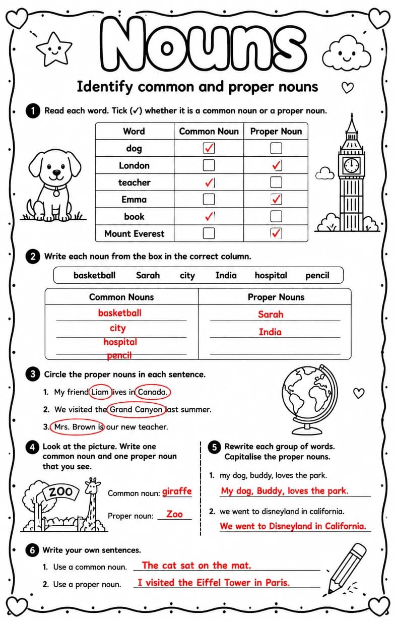 Answer key for Identify common and proper nouns — free printable English & Reading worksheet