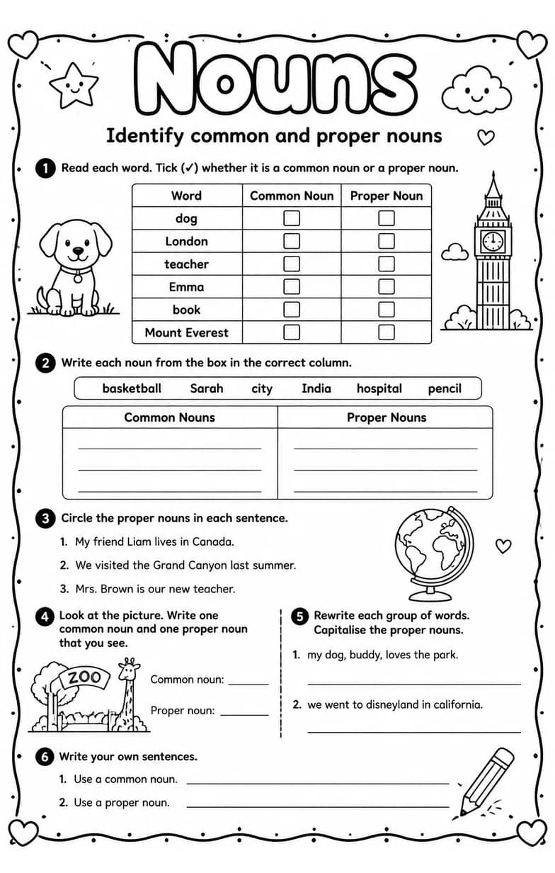 Identify common and proper nouns — free printable Grammar and mechanics English worksheet