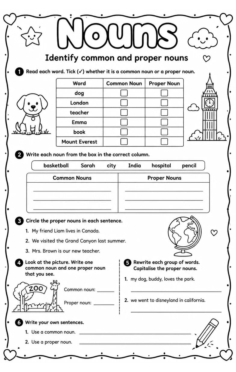 Identify common and proper nouns — free printable Grade 4 English & Reading worksheet
