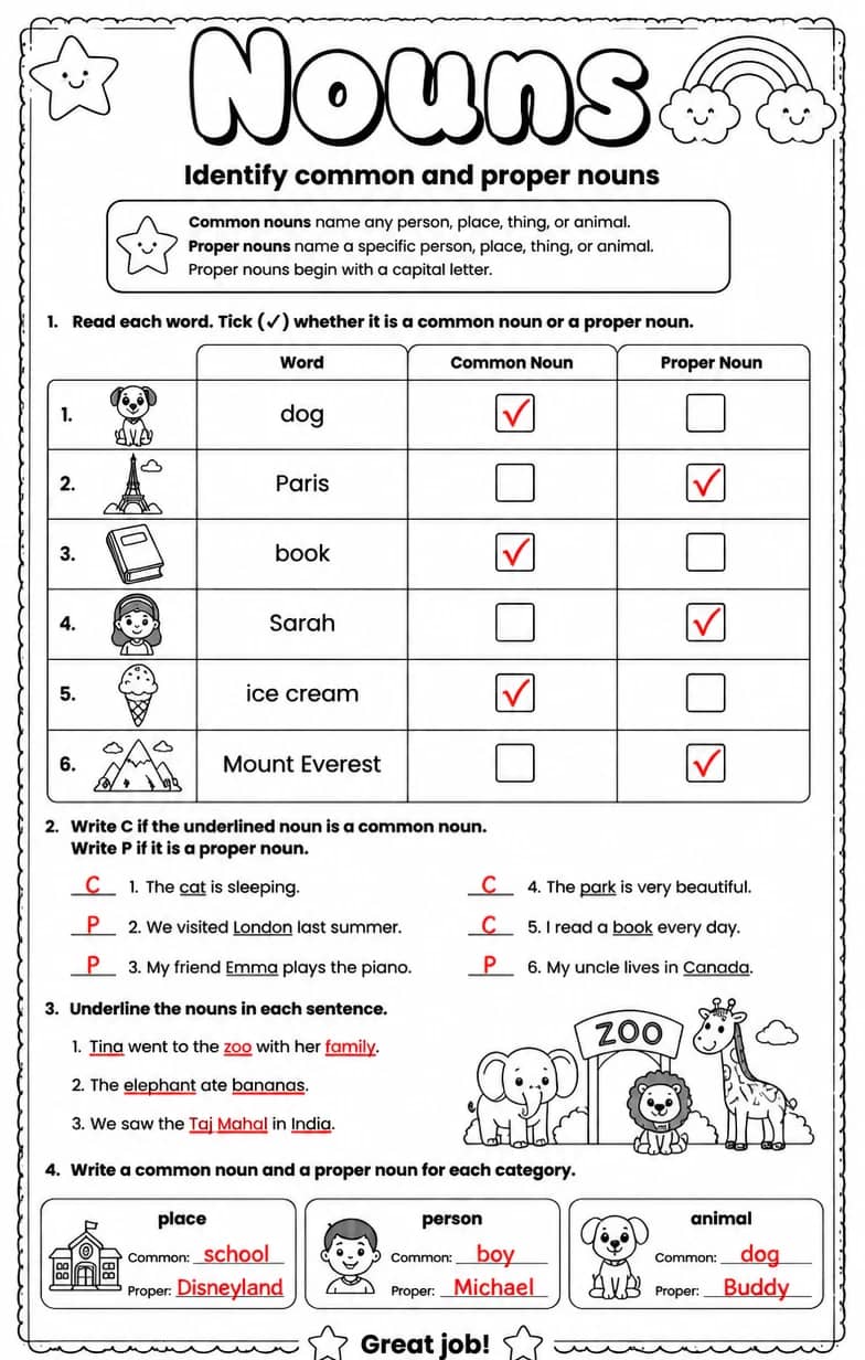 Answer key for Identify common and proper nouns — free printable English & Reading worksheet