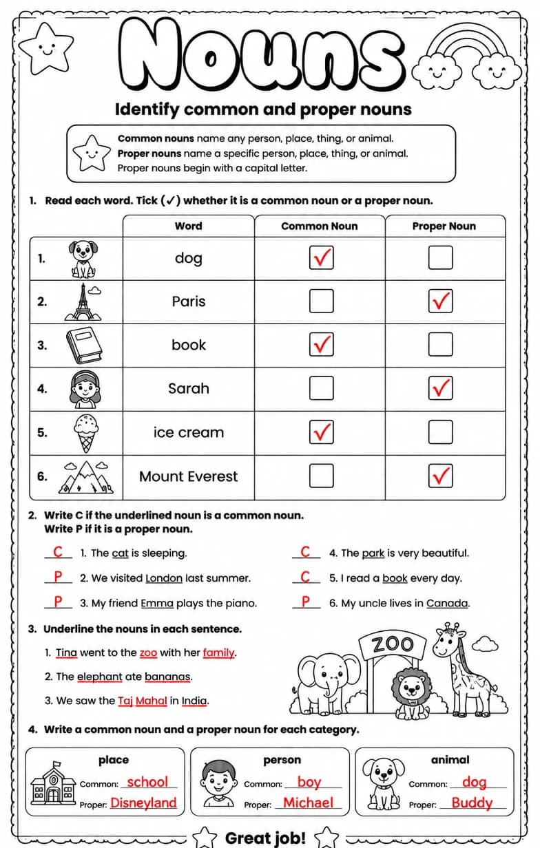 Answer key for Identify common and proper nouns — free printable English & Reading worksheet
